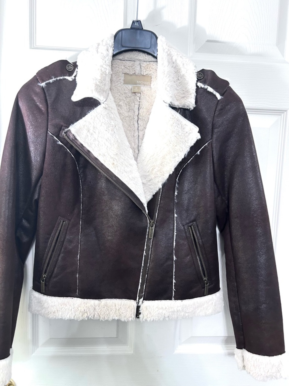 Michael Kors Brown Faux Shearling Moto Jacket with Cream Trim